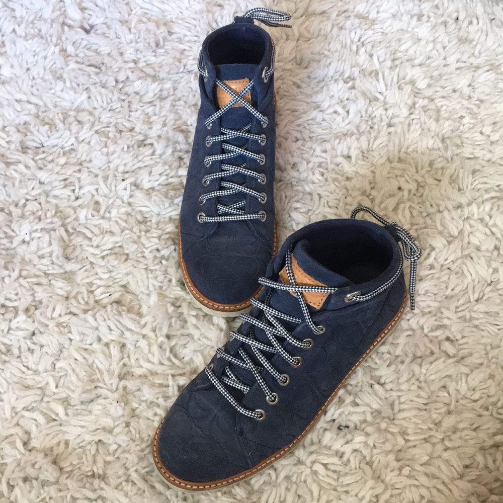 Coach Blue Suede C-Print Lace Up Booties